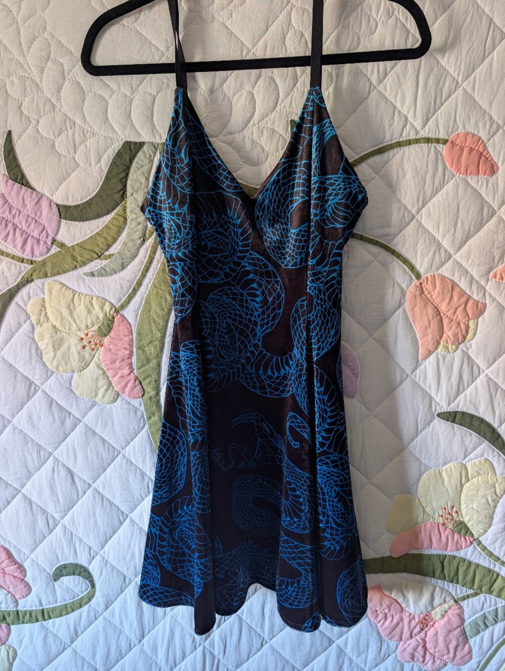 BlackMilk Velvet Skater Dress with Electric Blue Snake Print - Picture 3 of 7
